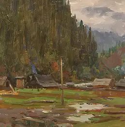 Sergey Doroshenko, Село в горах. 1950 год, Obraz olejny - karton/tektura, 40 x 28