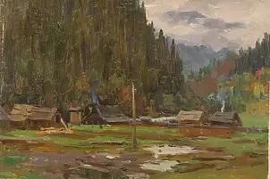 Sergey Doroshenko, Село в горах. 1950 год, Obraz olejny - karton/tektura, 40 x 28