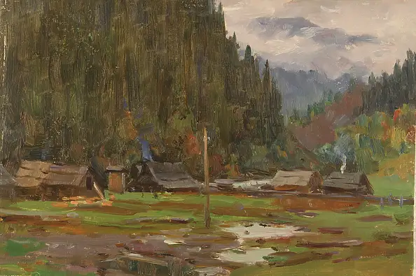 Sergey Doroshenko, Село в горах. 1950 год, Obraz olejny - karton/tektura, 40 x 28