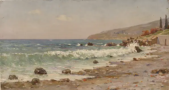 Sergey Doroshenko, Море в Гурзуфе.1954 г., Obraz olejny - karton/tektura, 62 x 35