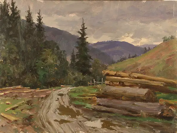 Sergey Doroshenko, Дорога в Карпатах. 1954 год., Obraz olejny - karton/tektura, 40 x 30