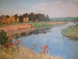 Sergey Doroshenko, Утро на Днепре. 1955  г., Obraz olejny - karton/tektura, 49 x 34