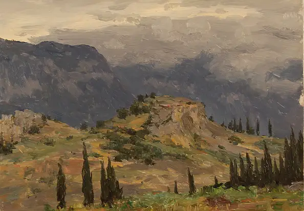Sergey Doroshenko, Над ущельем. 1953 г. , Obraz olejny - karton/tektura, 35 x 25