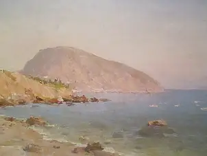 Sergey Doroshenko, Вечер на море. Крым.1950 год, Obraz olejny - karton/tektura, 49 x 27
