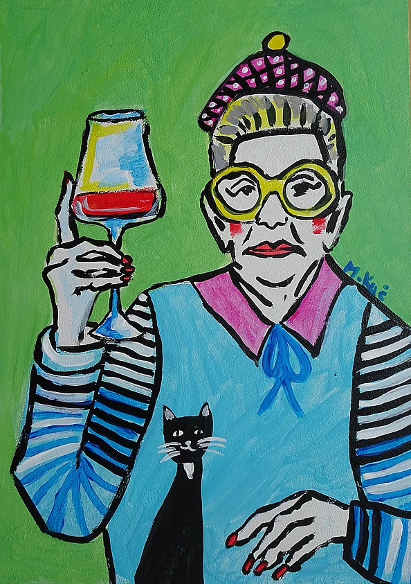 Marlena Kuc - grandmother with a glass of wine and a kitten
