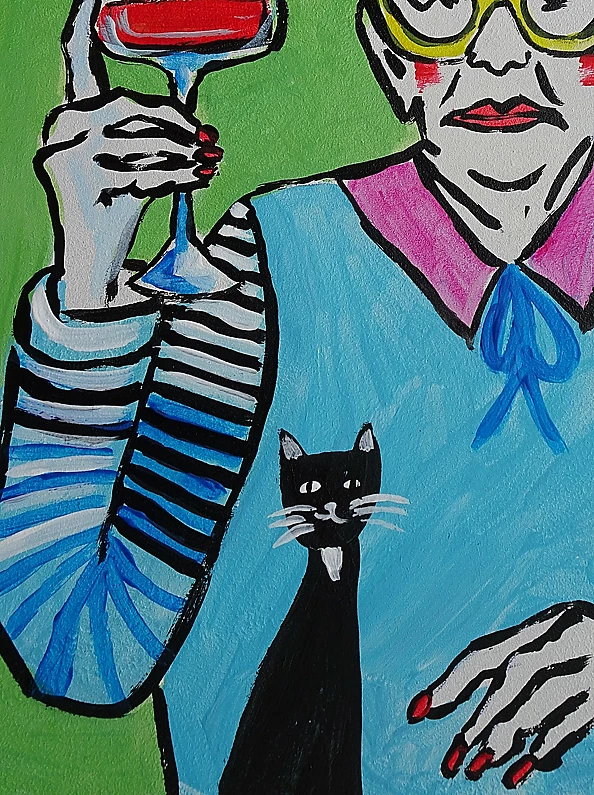 Marlena Kuc - grandmother with a glass of wine and a kitten