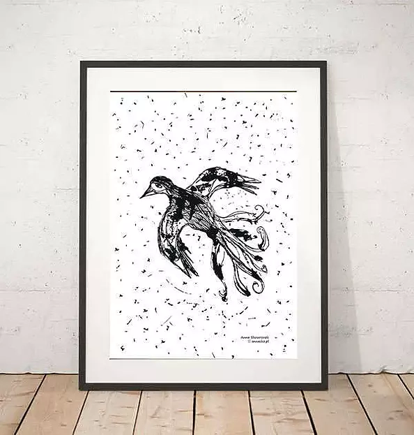 Anna Skowronek - biało-czarna grafika z ptaszkiem