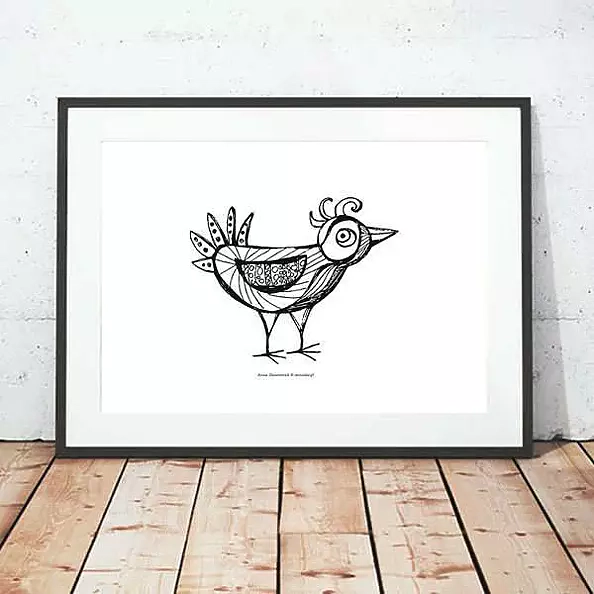 Anna Skowronek - biało-czarna grafika z ptaszkiem-plakat