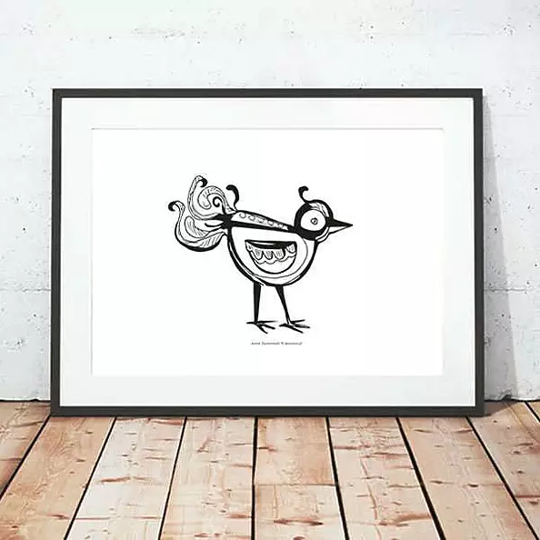 Anna Skowronek - biało-czarna grafika z ptaszkiem-plakat