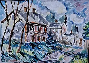 Krzysztof Chrobot, domy, Obraz olejny - karton/tektura, 36 x 51