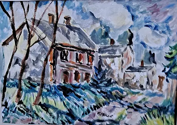 Krzysztof Chrobot, domy, Obraz olejny - karton/tektura, 36 x 51