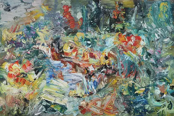 Eryk Maler - e`ryk  - owoce i butelki na stole