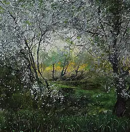 Danil Shurykin, цветение терна, Акрилова картина - дошка, 45 x 35