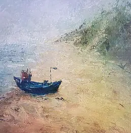 Anna Kos, рыбацкая лодка на пляже, Акрилова картина, Змішані техніки - холст, 70 x 50
