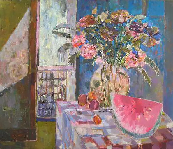 pawel szmyd - flowers in a glass jug with watermelon