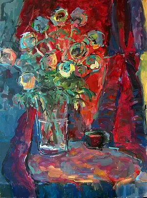 Ewa Widomska - Blumen in einer Vase mit einer Tasse
