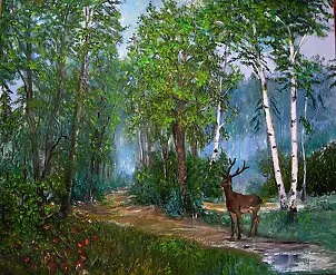 Alicja Urbaniak - Waldweg und Hirsch