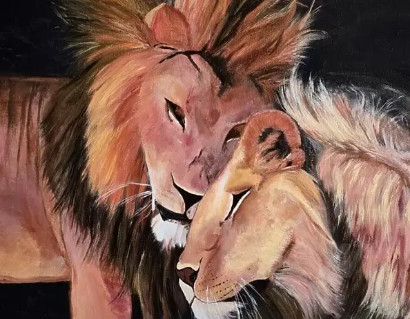 Ewa Mościszko, lions love, Acrylic painting - canvas, 70 x 50