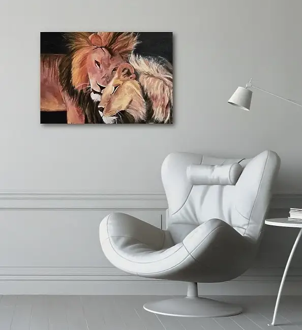 Ewa Mościszko, lions love, Acrylic painting - canvas, 70 x 50
