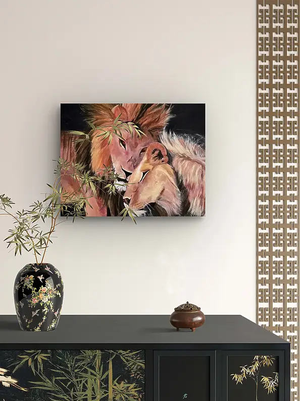 Ewa Mościszko, lions love, Acrylic painting - canvas, 70 x 50