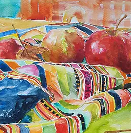 Eugenia Sochowska, натюрморт с яблоками и шаль, Акварелі - папір, 30 x 20