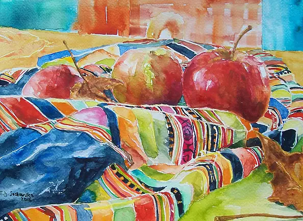 Eugenia Sochowska - martwa natura z jabłkami i szalem