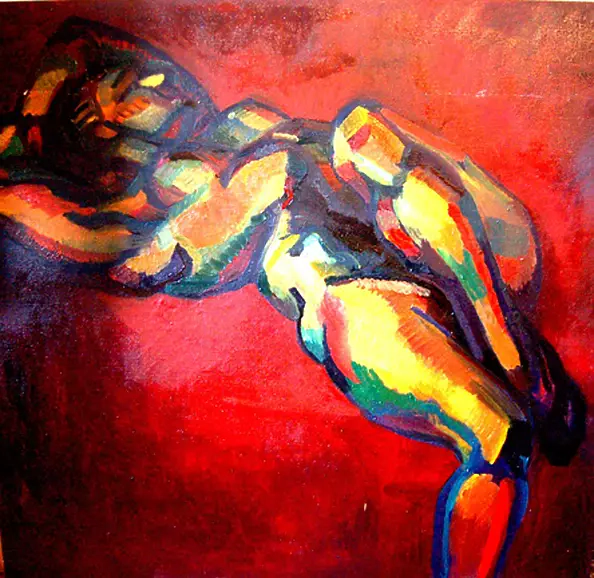 Drozdova Mariia - nude on a dark red coverlet