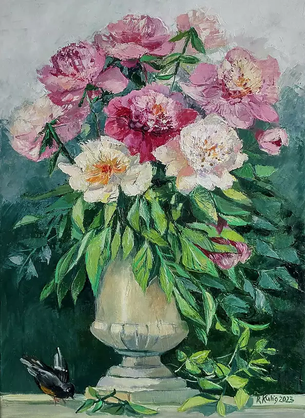 Renata Kulig Radziszewska - peonies with a bird