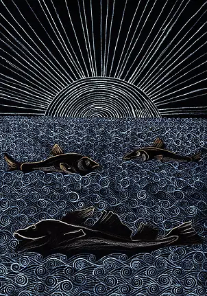 Teresa Kazimierczak, ryby zachodzącego słońca, Inne - papier, 20 x 30