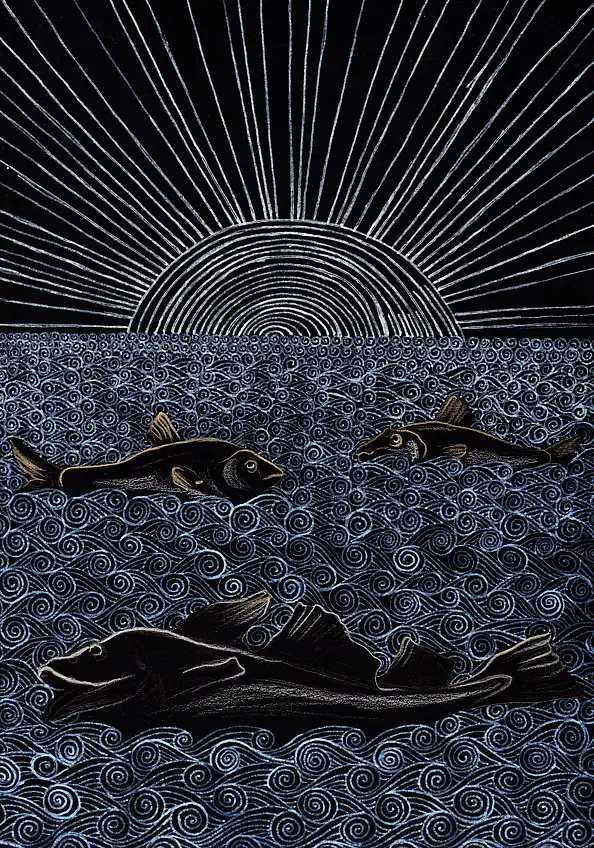 Teresa Kazimierczak, ryby zachodzącego słońca, Inne - papier, 20 x 30