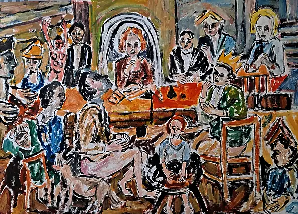 Krzysztof Chrobot, uczta 2, Obraz olejny - karton/tektura, 36 x 51