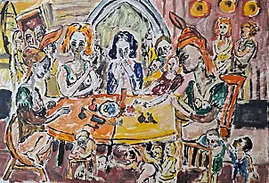 Krzysztof Chrobot, uczta, Obraz olejny - karton/tektura, 36 x 51