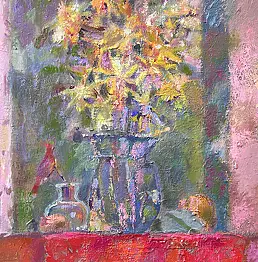 pawel szmyd - yellow bouquet on a red tablecloth
