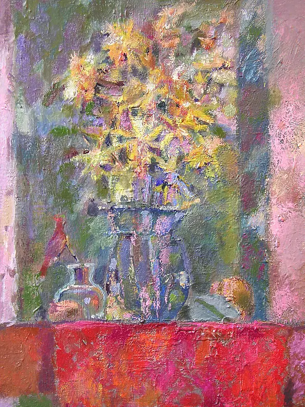 pawel szmyd - żółty bukiet na czerwonym obrusie