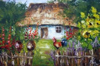 Altes Landhaus und ein Hahn auf einem Zaun - Anna Wach