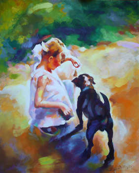 Kleines Mädchen mit einem Hund auf dem Weg - Barbara Gulbinowicz