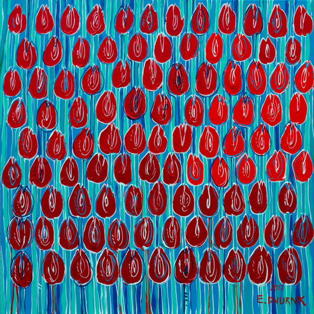 OBRAZ OLEJNY Czerwone Tulipany 100x100 Edward Dwurnik