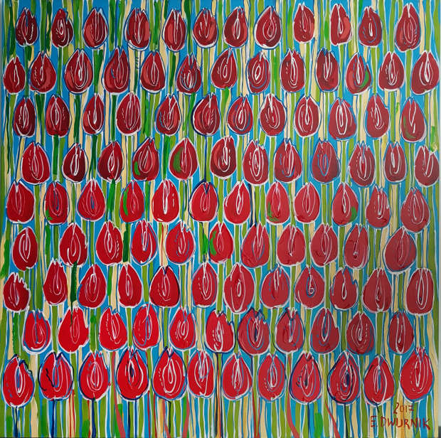 OBRAZ OLEJNY Czerwone tulipany - 100x100 cm Edward Dwurnik