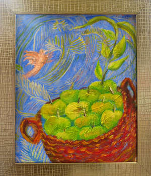 Hummingbird and a basket of apples oil painting in a frame - Elżbieta Goszczycka