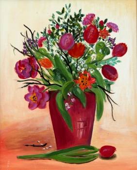 Tulipany w czerwonym wazonie - Jadwiga Rudnicka