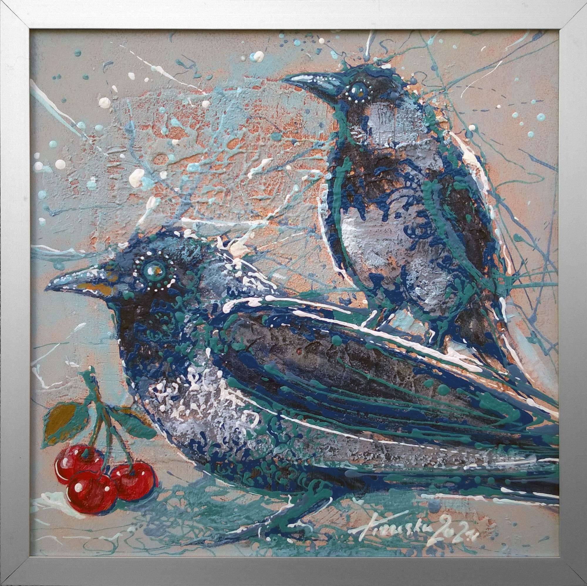 Cztery pory roku - ptaki, komplet 4 obrazy 20x20 cm każdy