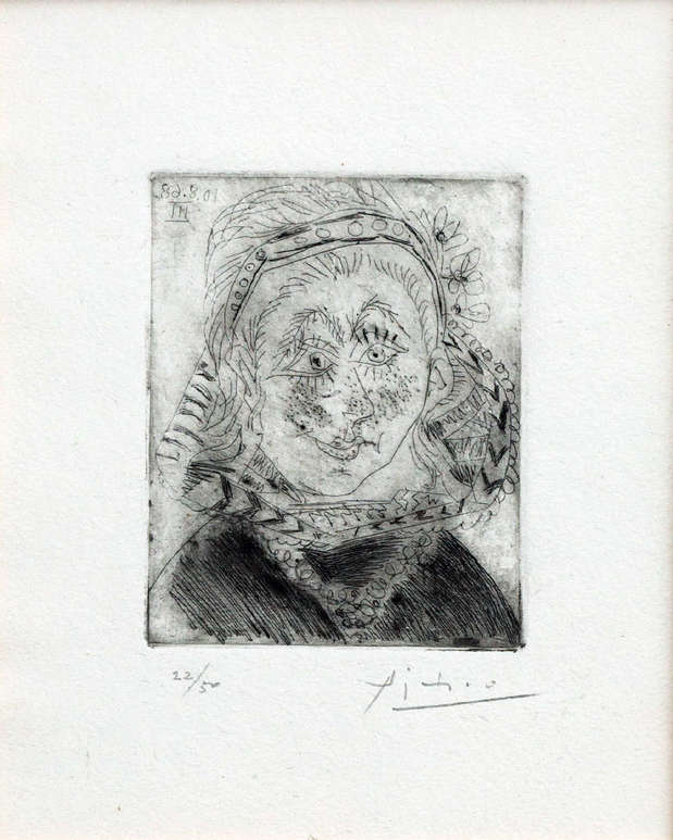 Portret holenderskiej mieszczanki w begince - PODPISANA AKWAFORTA Pablo Picasso