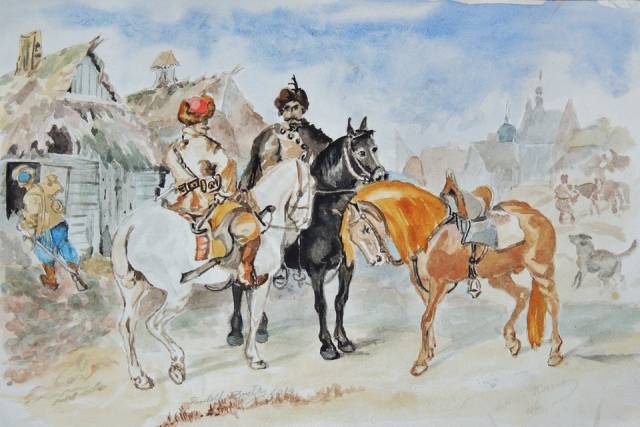 Riders / watercolor by J.Kossaka / Rudolf Zmełty
