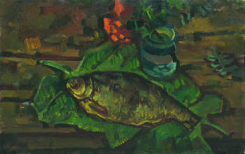 Натюрморт с рыбой на листьях - Vasily Belikov