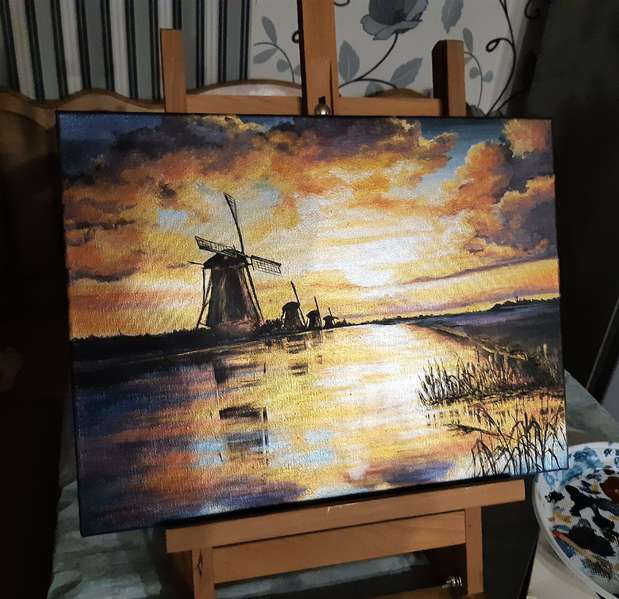 "Fiery Sunset", dutch landscape with windmills,acrilic,metallik Yana Yeremenko