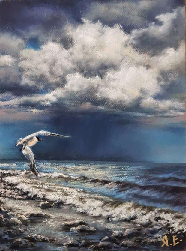 "Moment before" seascape with a seagull pastel drawing Yana Yeremenko