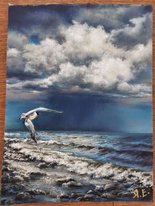 "Moment before" seascape with a seagull pastel drawing Yana Yeremenko
